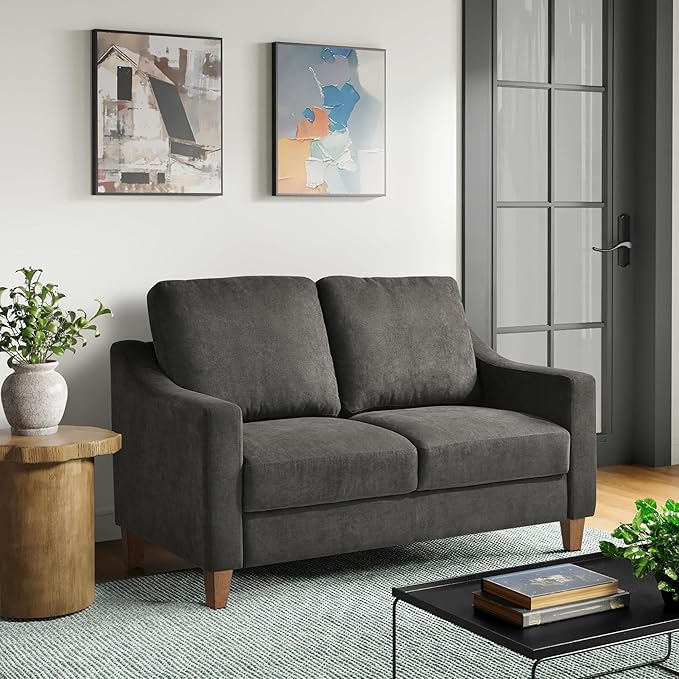 Serta® Armstrong 52 Soft Modern Sofa Sloped Track Arms Solid Wood Legs Easy Assembly Dream Coil® Comfort Soft Woven Polyester Fabric Gray