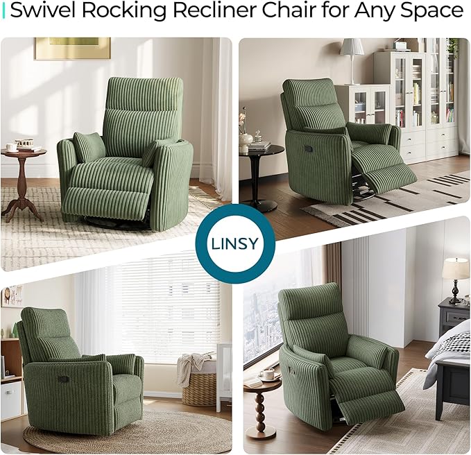 LINSY 360 Swivel Recliner Chair Nursery Glider Rocking Chair with 2 Pillows Corduroy Nursing Chair Comfy High Back Adult Rocker Recliner for Small Spaces Nursery Bedroom Living Room (Green)