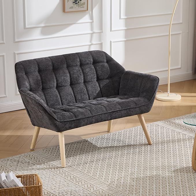 Small Loveseat Sofa 48 inch Chenille Love Seat for Living Room Comfy Mini Couch with Wood Legs for Small Spaces Bedroom Apartment Office Dark Grey