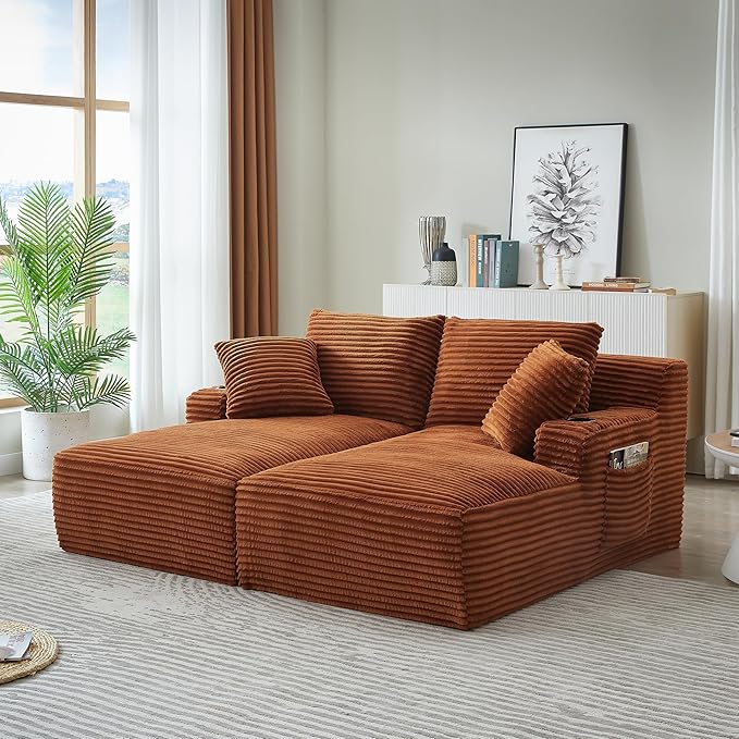 KEIKI Compressible Double Chaise Lounge with Cupholders Comfortable Corduroy Sleeper Loveseat for Home Office or Studio Boneless Chaise Lounge Indoor with Spring Support No Assembly Required
