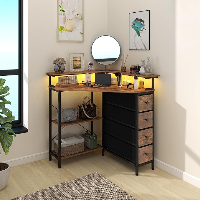 Corner Desk with Drawers Shelves for Small Space 90 Degrees Triangle Computer Desk with Power OutletsGaming Desk with LED Lights Monitor Stand for Home Office Workstation Writing Table (Brown)