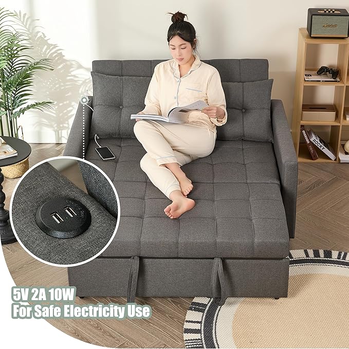 52 Sleeper Sofa with Pull-Out Bed 3-in-1 Convertible Sofa Bed Set of Loveseat with Stepless Adjustable Backrest and Side Pocket for Living Room Dorm Apartment Linen Dark Gray