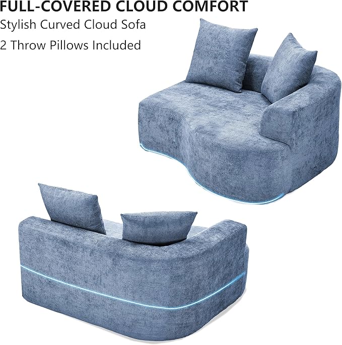 L Shaped Single Sofa Modern Comfy Chenille Fabric Loveseat Couch No Assembly Required Small Couch with Deep Seat 2 Pillows for Living Room Apartment Bedroom