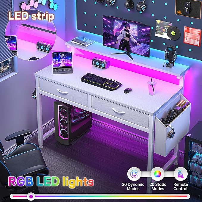 Computer Desk with 2 Drawers &amp LED Lights31.5 Inch Home Office Desks with Side Pocket and Monitor StandStudy Writing Table for Small SpacesWhite