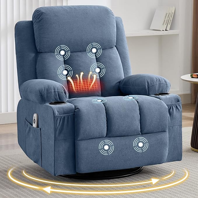 Massage Recliner Chair with Vibration Massage and Lumbar Heating for Living Room Swivel Rocker Recliners Single Sofa with Side Pocket &amp 2 Cup Holders Soft Comfort Ergonomic Design (Blue)
