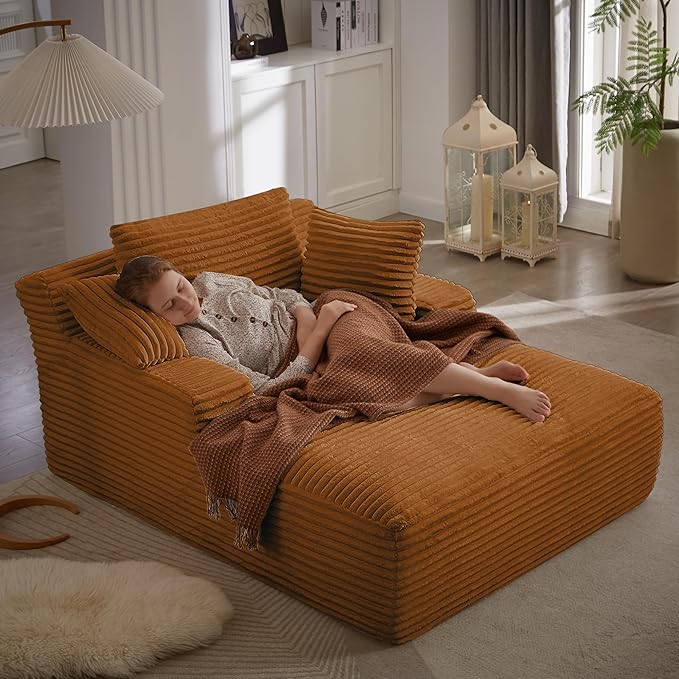 KEIKI 66 Oversized Chaise Lounge Chair No Assembly Boneless Sleeper Style Lounger for Living Room Plush Corduroy Upholstery Deep Seat for Relaxing Reading Napping &amp Daily Home Comfort