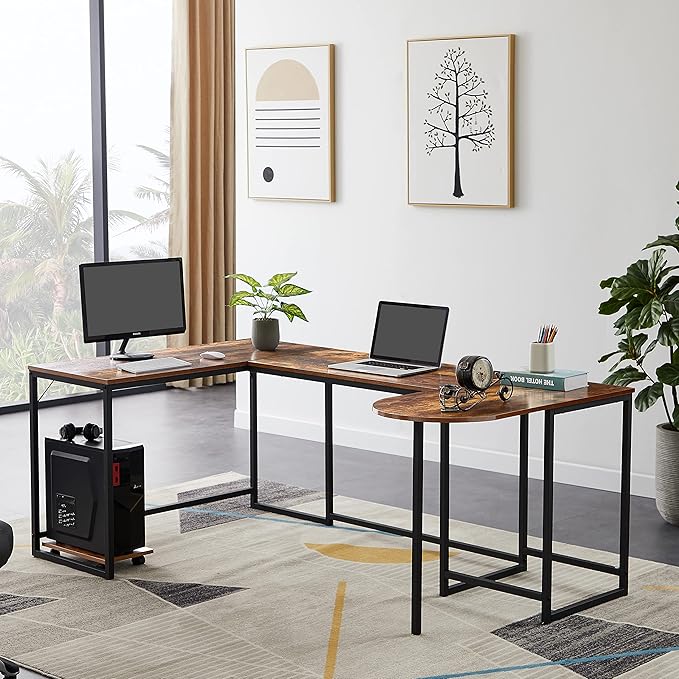 U Shaped Computer Desk Industrial Corner Writing Desk with CPU Stand Gaming Table Workstation Desk for Home Office (Brown) (Old SKU: WF198675AAT)