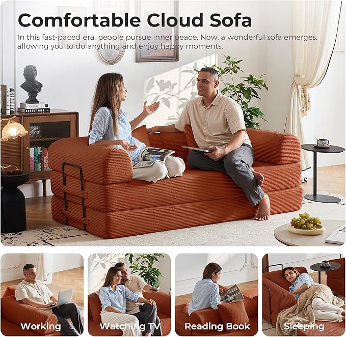 5-in-1 Convertible Cloud Sofa Bed | 79 Corduroy with High-Density Foam &amp 4 Reinforced Steel Frames | No Tools Setup Straight Armrests for Small Space Apartment Living (Orange)
