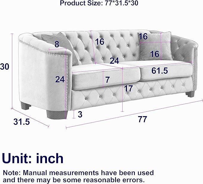 KEIKI 77+59 Chesterfield Sofa 3+2 Seater Velvet Couch with Nailhead Arms Tufted Backrests 4 Cushions for Living Room Bedroom Office Apartment Gray