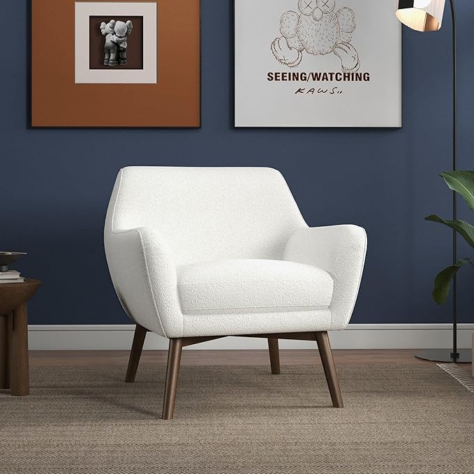 GDFStudio Mid-Century Modern Comfy Accent Chair Upholstered Boucle Lounge Vanity Chair with Rectangular Back and Solid Wood Legs Armchair Sofa Chair for Bedroom Living Room Makeup White &amp Brown