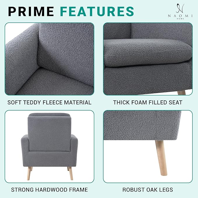 Naomi Home Frida Modern Accent Chair with Plush Fabric Ergonomic Indoor Lounge Chair Comfy Arm Chair for Bedroom &amp Living Room Chairs with Oak Legs and Thick Cushioning