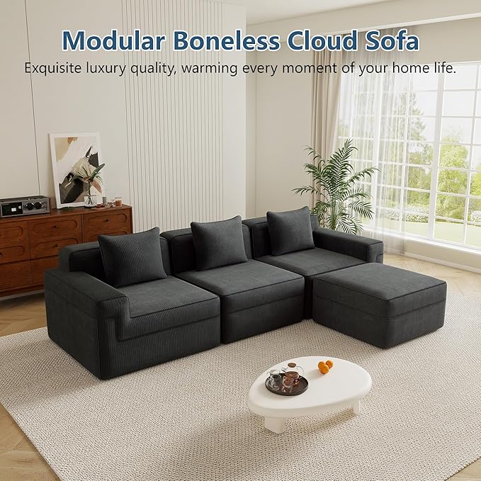 Boneless Couch117.3 No Assembly L Shaped Oversize Modular Sectional Cloud CouchSolid Foam Corduroy Sofa with Ottoman for Living Room (Black Corduroy3 Seats with Ottoman)