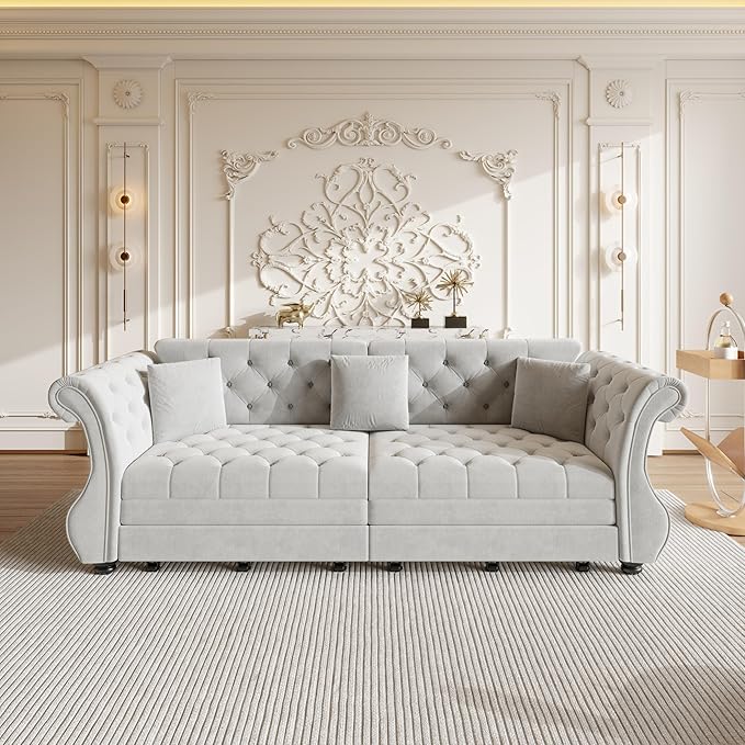 KEIKI 97.6 Chesterfield Sleeper Sofa with Pull Out Bed for Guests Oversized Velvet Couch with Rolled Arms &amp Tufted Upholstery for Hosting