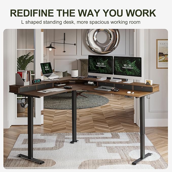 BANTI Triple Motor 75 L-Shape Standing Desk with 5 Drawers Sit Stand Home Office Desk Computer Workstation Corner Standing Desk with Spliced Panels Black Walnut Top