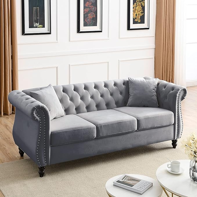 KEIKI Chesterfield Sofa Retro Style Upholstered 3+3 Seats Velvet Couch with Rolled Arm for Living Room Bedroom Office Grey
