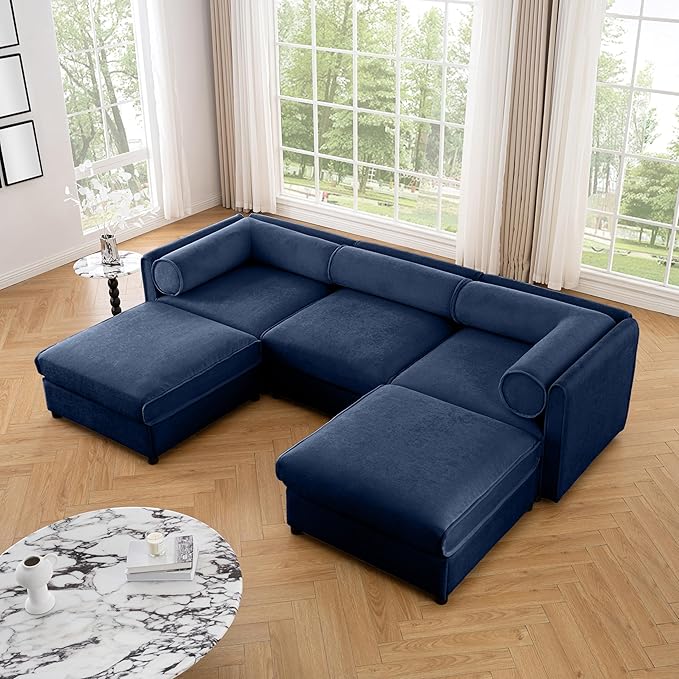 Oversized Modular Sectional Sofa 109 Chenille U-Shaped Sofa with Cylindrical Backrest &amp Armrest Modern Comfy 3-Seat Sofa with 2 Ottoman Upholstered Deep Seat Couch for Living Room Blue