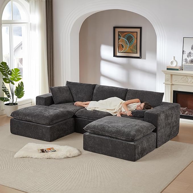 KEIKI 108 U-Shaped Oversized Chenille Modular Sectional Sofa with 2 Ottoman &amp High-Density Foam Cushion &amp Pillows Upholstered Modern Cloud 3-Seater Couch Easy Assembly for Living Room Dar