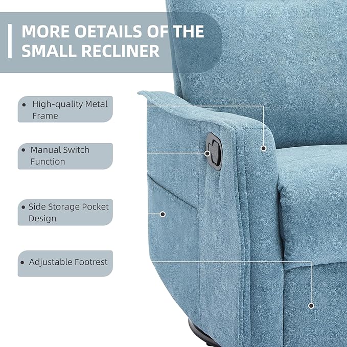 PELUMY 360 Swivel Rocking Recliner Chair for Adults Nursery Rocking Chair with Heat and Massage Glider Reclining Chair for Small Space Living Room Bedroom (Blue)