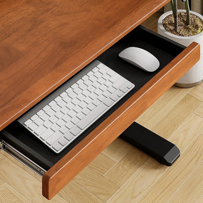 ONBRILL Standing Desk with Drawer 55x23.6 Inches Solid Wood Desktop Stand Up Desk with Whole-Piece Board and Storage Shelf Adjustable Height from 28-46 Inches for Home &amp Office Brown