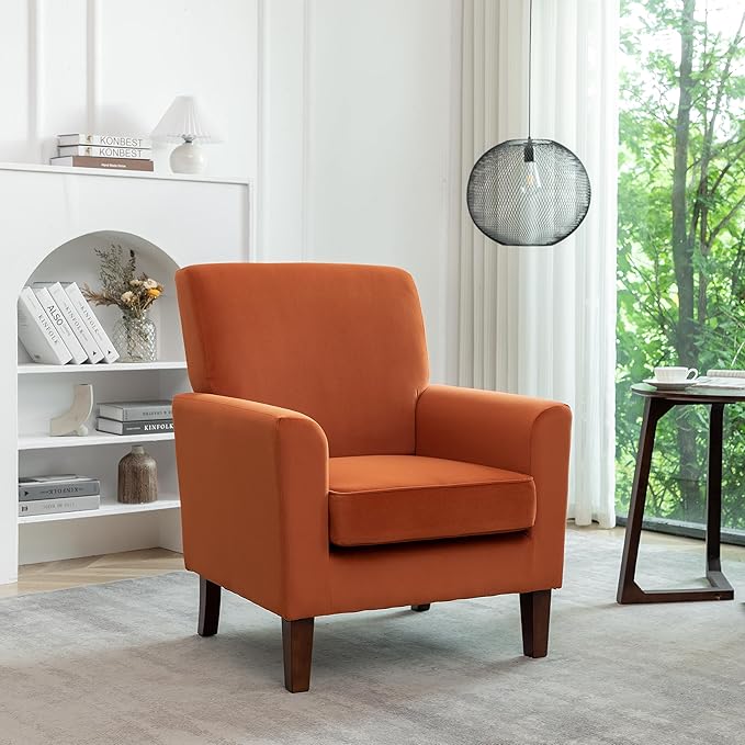 Contemporary Accent Arm Chair with Birch Wood Frame and Velvet Upholstery Armchair for Office and Living Room Decor Removable Cushions Orange