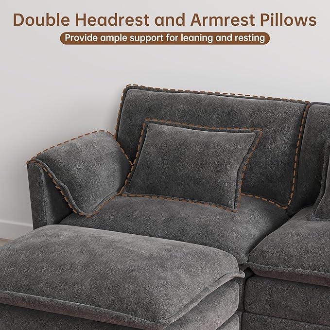 Modular Sectional Sofa 111'' L Shaped Couch Chenille Sofa with Movable Ottoman for Apartments Living Room and Commercial Space Dark Gray
