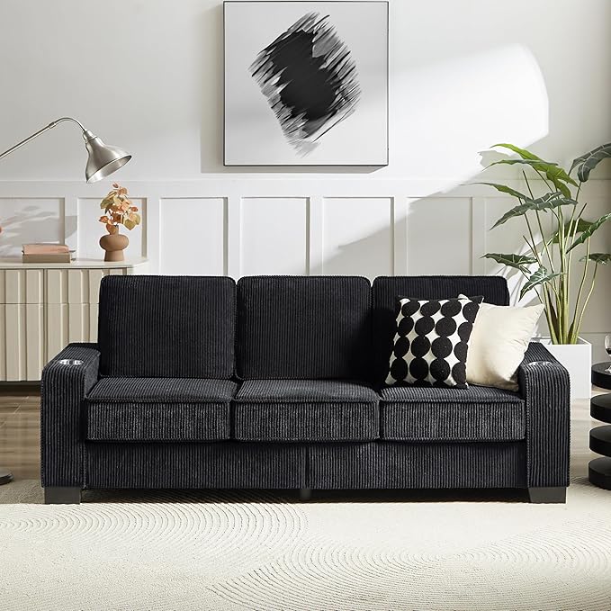 Modern Black Fabric Sofa Compressed 3-Seater Couch for Living Room Bedroom Office Versatile Furniture