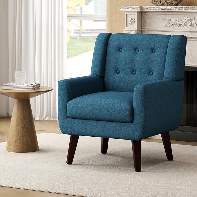 Linen Fabric Living Room Chairs Accent Chair Mid Century Modern Armchair for Living Room Bedroom Button Tufted Upholstered Comfy Reading SofasVanity Chair (2 Dark Teal)