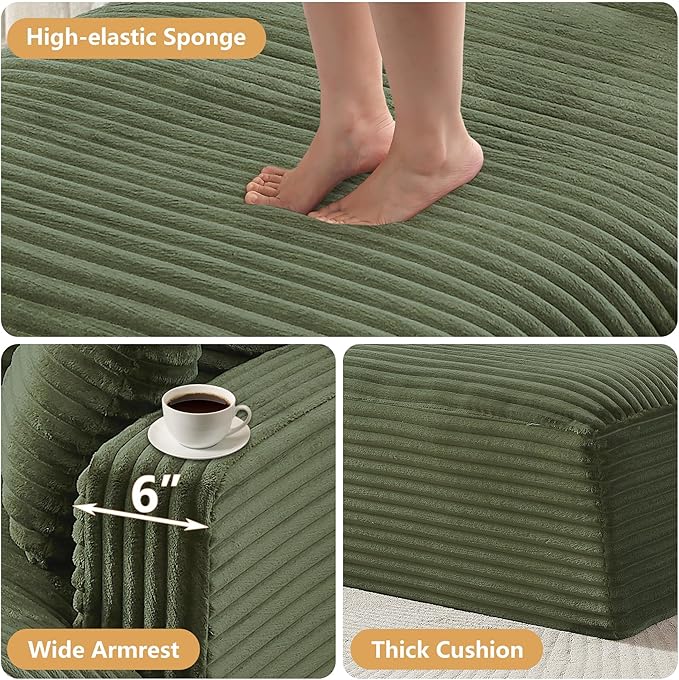 65.4 Green Oversized Chaise Lounge Chair Indoor Modern Corduroy Lounge Couch Comfy Upholstered Sleeper Sofa with Throw Pillows Fluffy Reading Chair Bed for Living Room