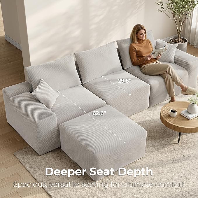LIKIMIO Modular Sectional Sofa with Ottoman 120 Oversized Deep Seat Boneless Couch Corduroy Upholstery No Assembly Required Modern L-Shaped Living Room Sofa Greige
