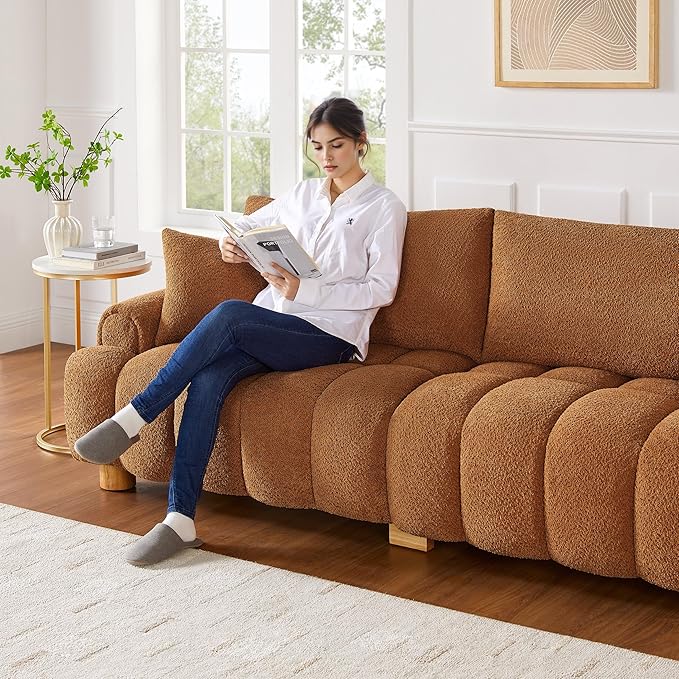 VANOMi Boucle Sofa Couch 91 Comfy Tufted Upholstered Cloud Couches Modern 3 Seater Sofa with Pillows Oversized Deep Seat Sherpa Couch for Living Room Bedroom Apartment (Curry)