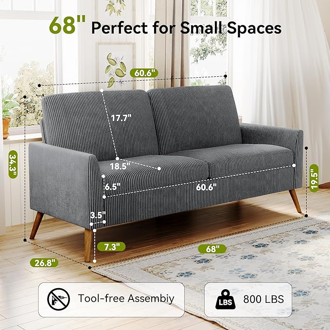 68 Loveseat Sofa Comfy Grey Corduroy Couches for Living Room Mid Century Modern Love Seat Sofa Tool-Free Setup Small Couches for Bedroom Office