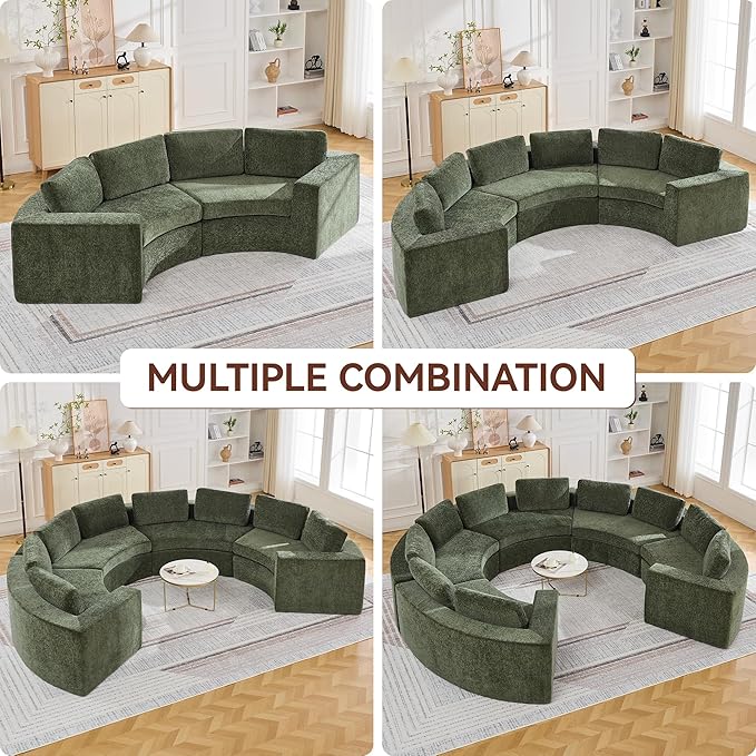 139'' Curved Round Boneless Couch Oversized Cloud Sofa with Deep Seat &amp Arms Chenille Modular Sectional Sofa with Pillows Upholstered Comfy 6 Seat Couch for Living Room Green