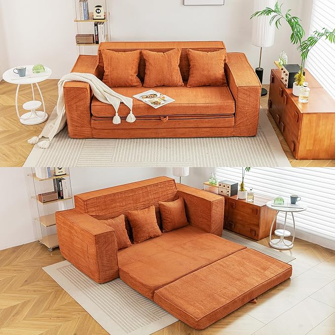 HOMREST 76 Convertible Memory Foam 3-seat Sofa Pull Out Sleeper Sofa Bed 2 in 1 Folding Couch Bed Fold Out Floor Couch Corduroy Fabric with 3 Pillows for Living Room Bedroom Lounge (Brown)