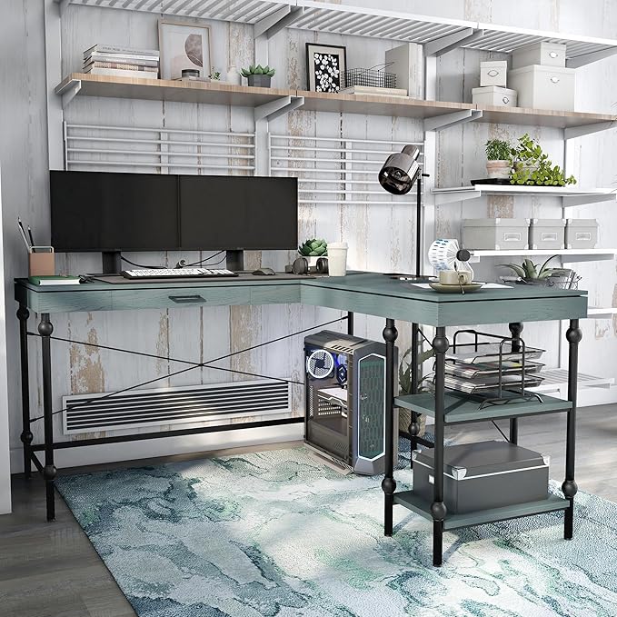 24/7 Shop at Home Monier Farmhouse Metal 2 Shelves Corner Computer Desk with USB Port Power Outlet 1 Drawer for Workstation Home Office Study Room Antique Blue