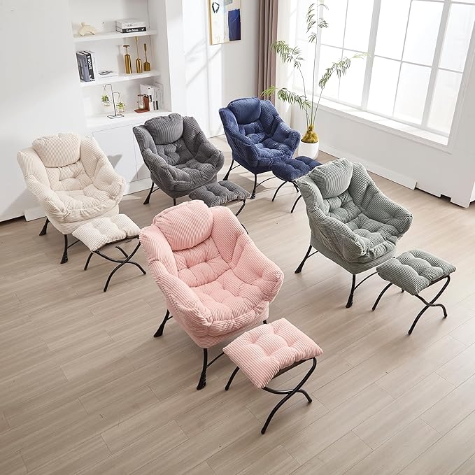 Lazy Chair with Ottoman Modern Lounge Accent Chair with Armrests and a Side Pocket Leisure Upholstered Sofa Chair Reading Chair with Footrest for Small Space Corner Chair (White)