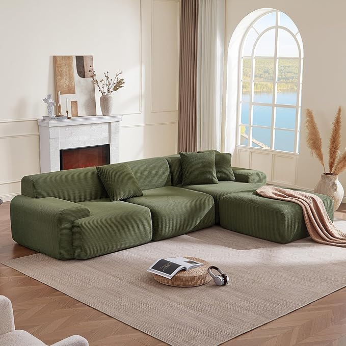 CHITA Modular L-Shaped Sectional Sofa Deep Seat Modern Comfy Couches for Living Room Oversized Boneless Sofas with Large Ottoman Corduroy Upholstery Green No Assembly Required