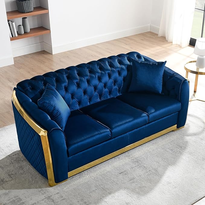 81.1 Chesterfield Sofa Couch Velvet Sectional Sofa Couch for Living Room 3 Seater Couch Button Sofa with Stainless Steel Gold Plating Decoration with 2 Pillows Blue &amp Gold