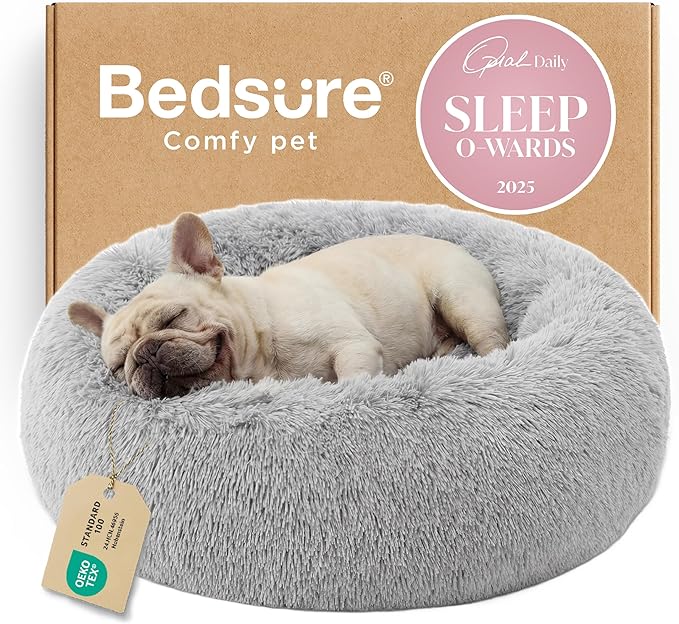 Bedsure Calming Dog Bed for Medium Dogs - Donut Washable Medium Pet Bed 30 inches Anti-Slip Round Fluffy Plush Faux Fur Cat Bed Fits up to 45 lbs Pets Pale Grey