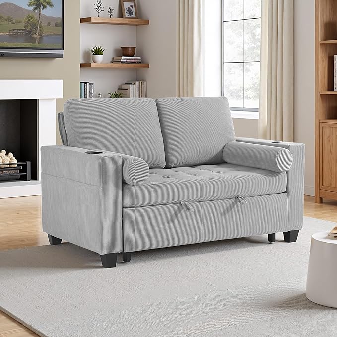 55 Convertible Sofa Bed Comfy Corduroy Sleeper Sofa with Pull-Out Bed 3-in-1 Loveseat Sleeper Sofa Bed with 3-Levels Adjustable Backrest Side Pocket Cup Holder USB for Living RoomLight Gray