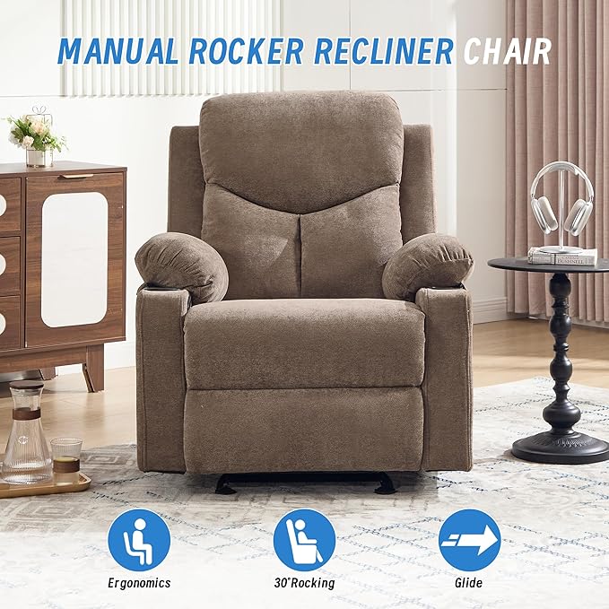 Manual Rocker Recliner Chair for Adults with Vibration MassageGlider Rocking Recliner Chairs for Living Room Bedroom Overstuffed Reclining Sofa Chair with Pockets and Cup Holds (Coffee)