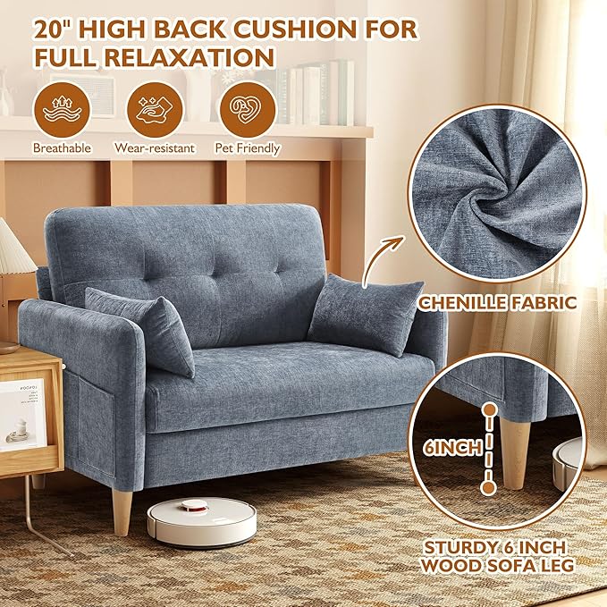 47 Small Sofa Couch for Bedroom Soft Chenille loveseat Mini Couch with Throw Pillow and Removable Cushion Cover for Small Spaces Living Room Apartment Dorm Office(Blue Grey)