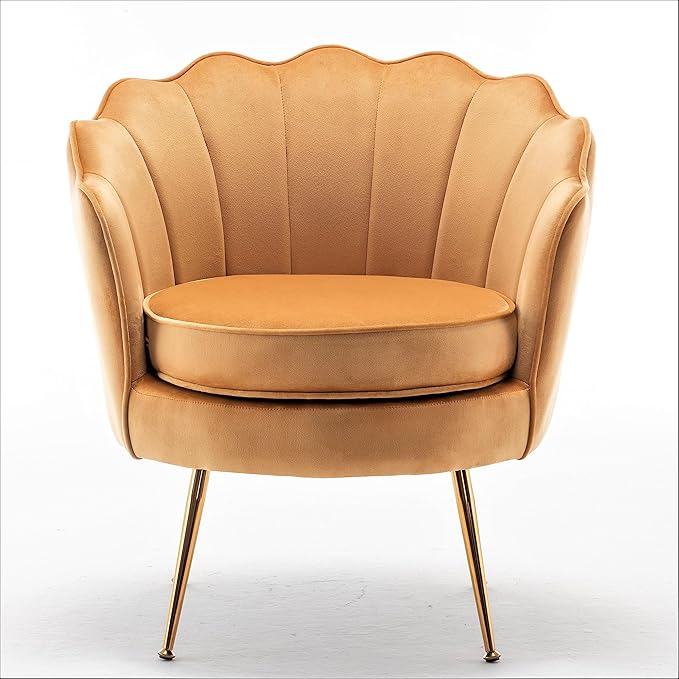 Velvet Barrel Accent Chair with Scalloped Silhouette and Gold Metal Legs Decorative Piece Suitable for Traditional Modern and Contemporary Spaces Mustard Yellow