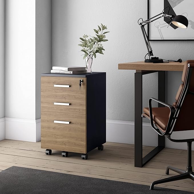 Modern Design Lazio File Cabinet Filing Cabinets for Home Office Drawers for Under Desk Locking 3 Drawer Rolling Wood Filing Cabinet with Lock Walnut and Black by Crafts and Comfort