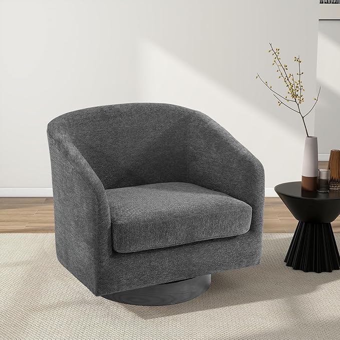 Swivel Barrel Chair Modern Round PU Leather Accent Armchair for Living Room Bedroom Oversized Comfy Club Reading Chairs for Adults (Chenille Grey Set of 2)