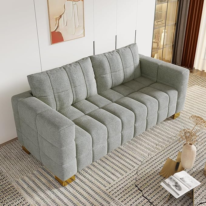 81.89 Sofa Comfy 3 Seat Sofa Tufted Chenille Upholstered Sofa Couch for Living Room with Gold Metal Legs and 2 Throw Pillows (Grey)