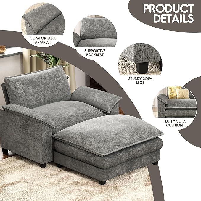 Homall 40 Modular Sectional Sofa Single Sofa Couch with Reversible Ottoman DIY Combination Chenille Deep 1-Seat Cloud Couch for Living Room Apartment (Light Grey Single Sofa Chair)