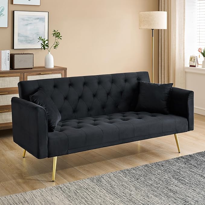 71 Futon Sofa Bed VelvetConvertible Sleeper Sofa CouchModern Folding Futonwith 3 Adjustable Backrests and 2 Pillowsfor Small Living Room Bedroom Office (Black)
