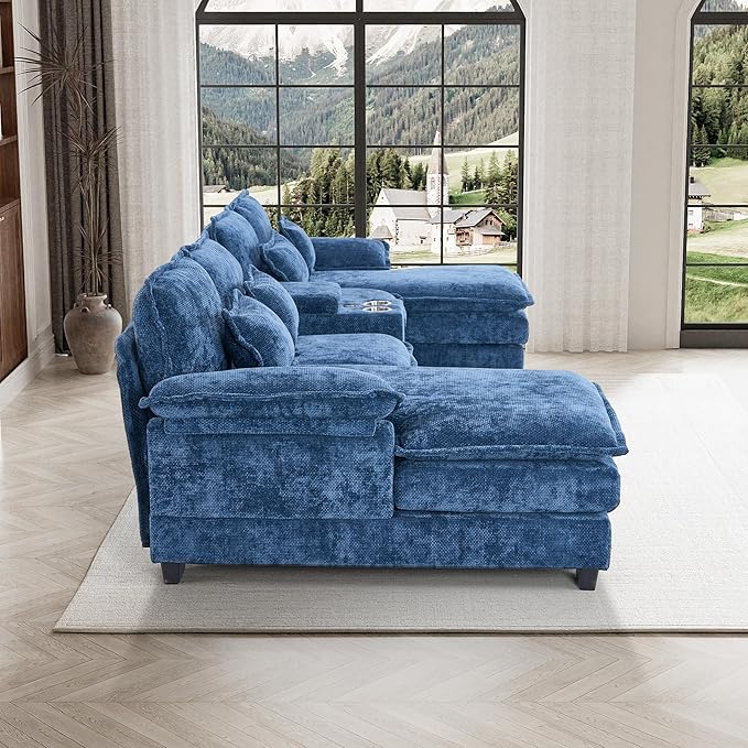 133 Oversized U Shaped Cloud Couch Modular Sectional Couches for Living Room Comfy Chenille Deep Seat Sofa Set with Double Chaise Lounge Storage Central Console Cup Holders USB Port Blue