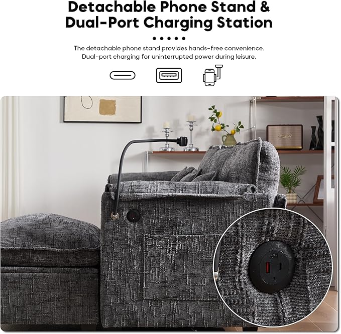 L Shaped Sectional Sofa Cloud Couch for Living Room 109 Chenille Comfy Modular Sleeper Sofa with Storage Ottoman Modern Upholstery Sofas with USB Port &amp Phone Holder Grey