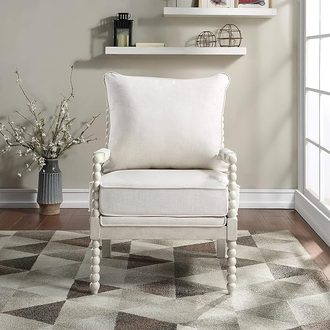 OSP Home Furnishings Kaylee Spindle Accent Chair with Antique White Wood Frame White Linen Fabric